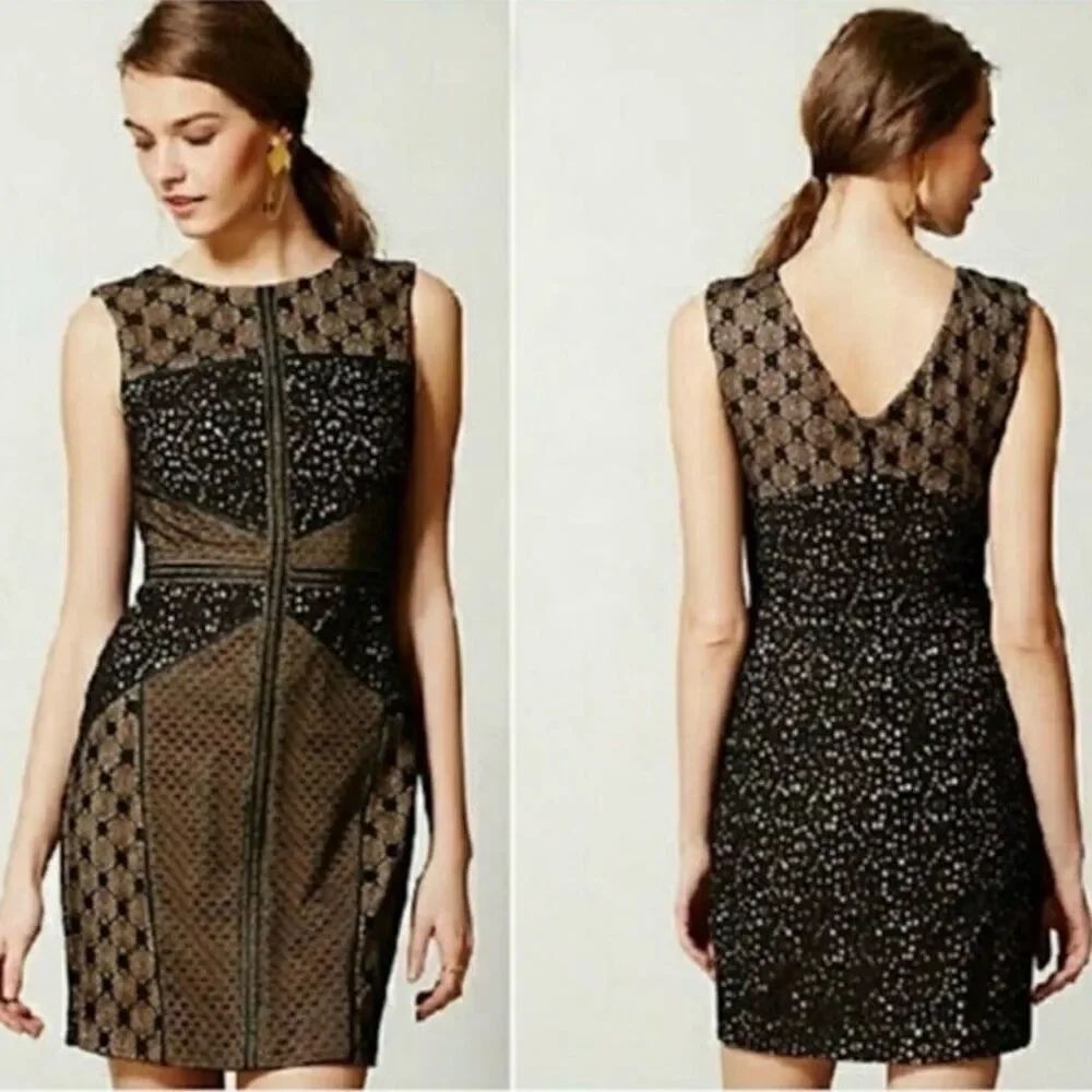 Heartloom Anthropologie Black Lace Dress Small Fitted Sheath Wedding Guest